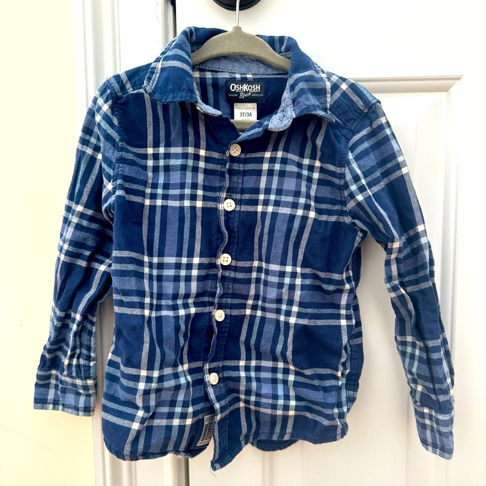 OshKosh Blue 100% cotton Plaid Button-Up flannel Shirt 3t